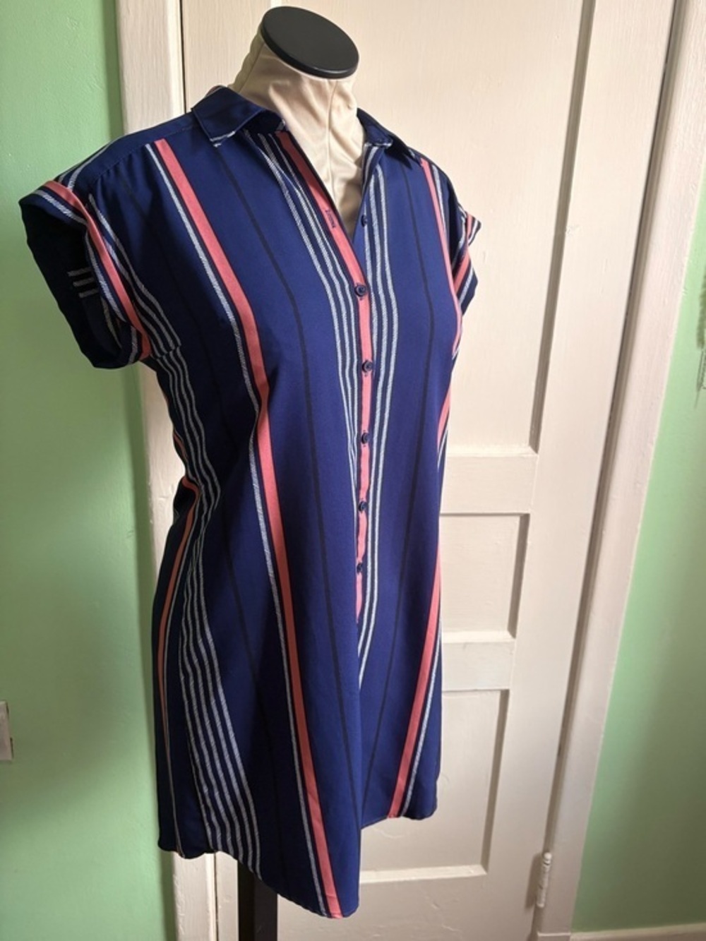Express Navy Tunic with Coral and White Vertical Stripes